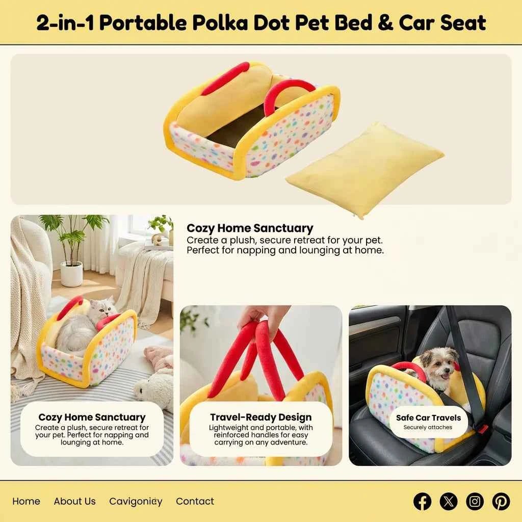 2 - in - 1 Portable Pet Bed & Car Seat - Cozy Polka Dot Cuddle Basket for Cats & Small Dogs - SolPaws C2h1