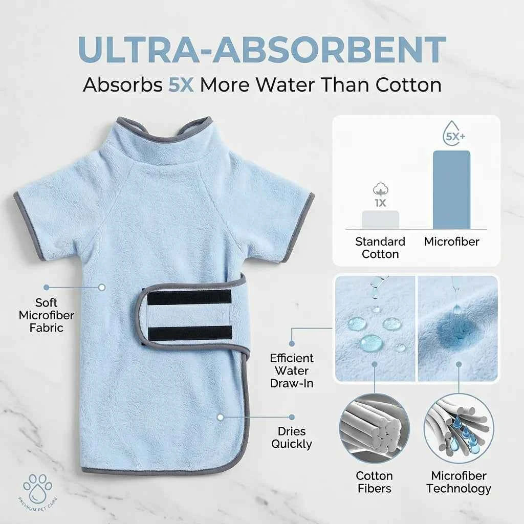 SolPaws™ Ultra-Absorbent Pet Microfiber Bathrobe - Quick-Dry Soft Bath Towel for Dogs & Cats