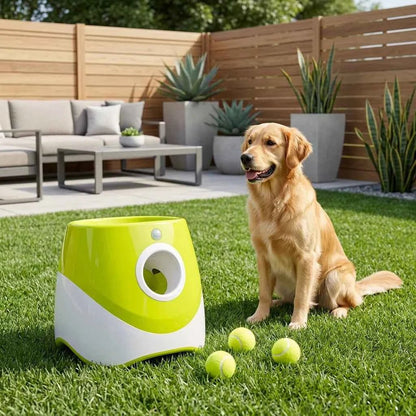 Interactive Automatic Pet Ball Launcher - Adjustable Launch Distance (10/20/30ft) - Rechargeable Dog Fetch Machine with 3 Mini Tennis Balls - SolPaws C2h1