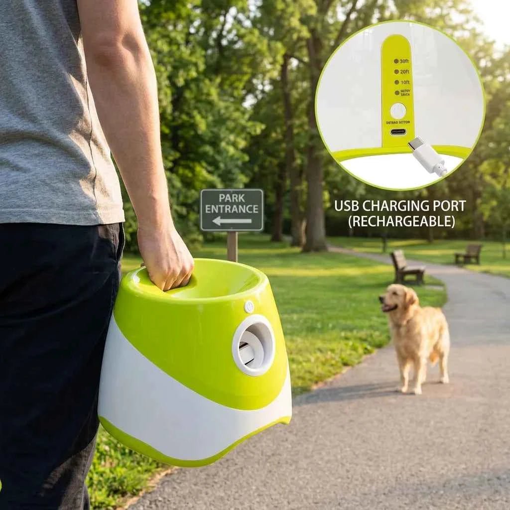 Interactive Automatic Pet Ball Launcher - Adjustable Launch Distance (10/20/30ft) - Rechargeable Dog Fetch Machine with 3 Mini Tennis Balls - SolPaws C2h1