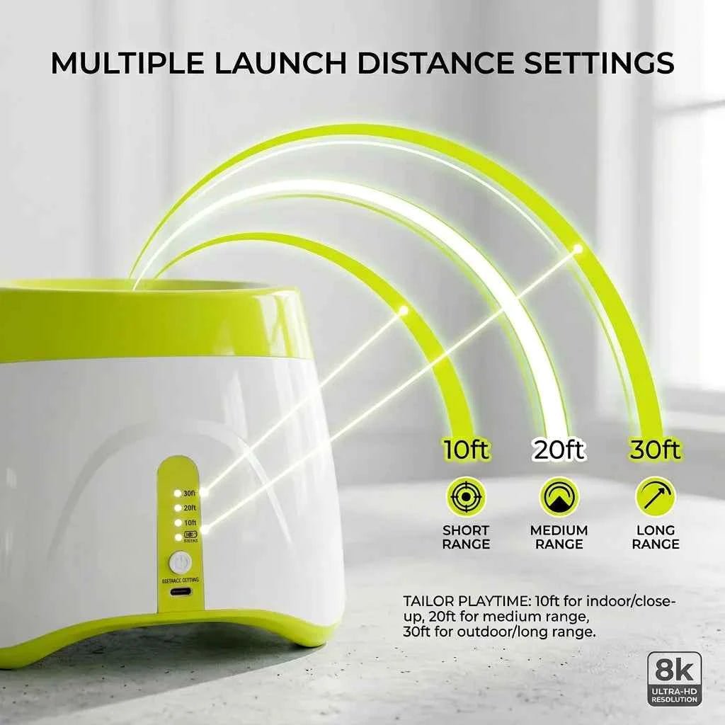 Interactive Automatic Pet Ball Launcher - Adjustable Launch Distance (10/20/30ft) - Rechargeable Dog Fetch Machine with 3 Mini Tennis Balls - SolPaws C2h1